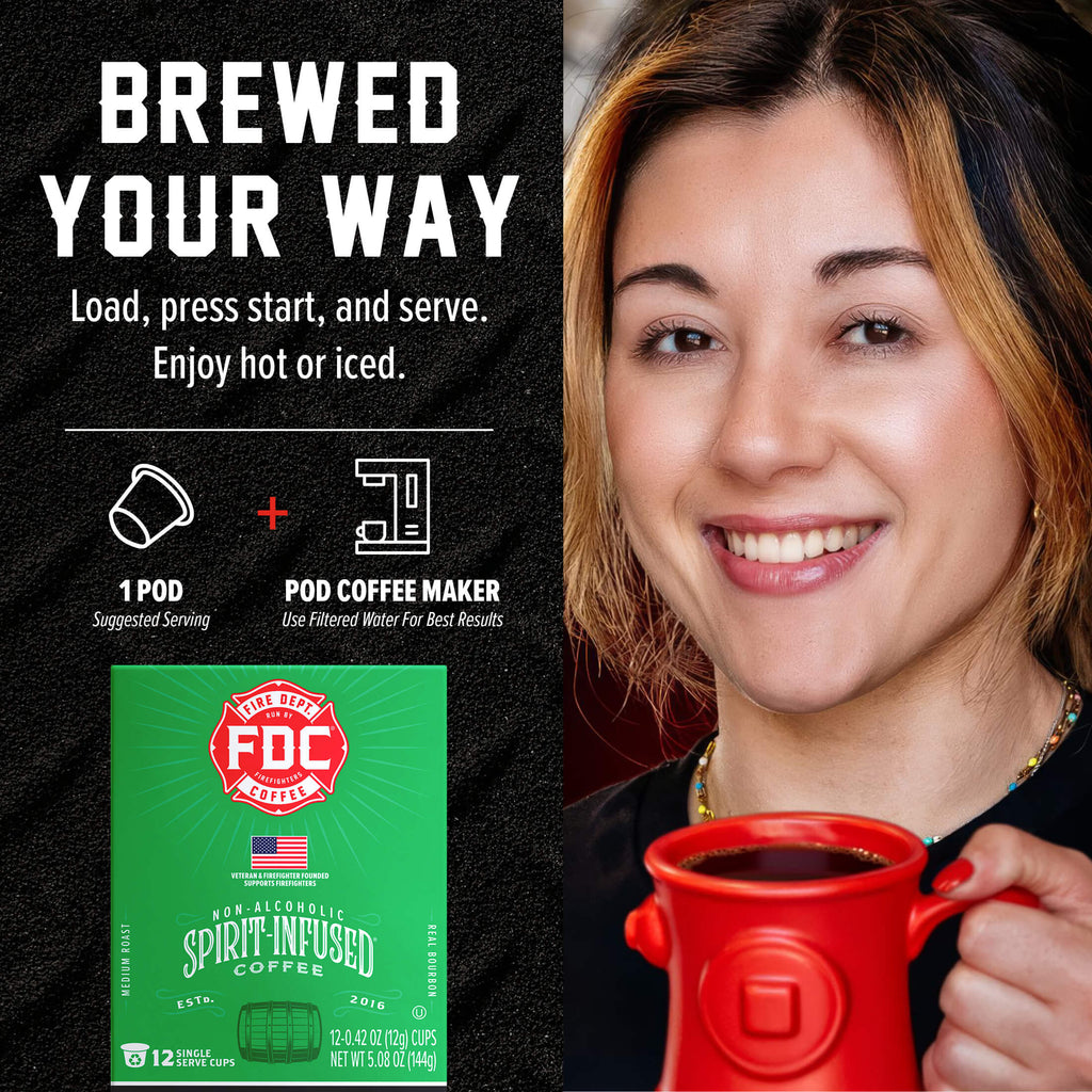 Irish Whiskey Infused Coffee Pods single-serve brewing guide beside a woman holding a red mug