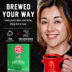 Irish Whiskey Infused Coffee Pods single-serve brewing guide beside a woman holding a red mug