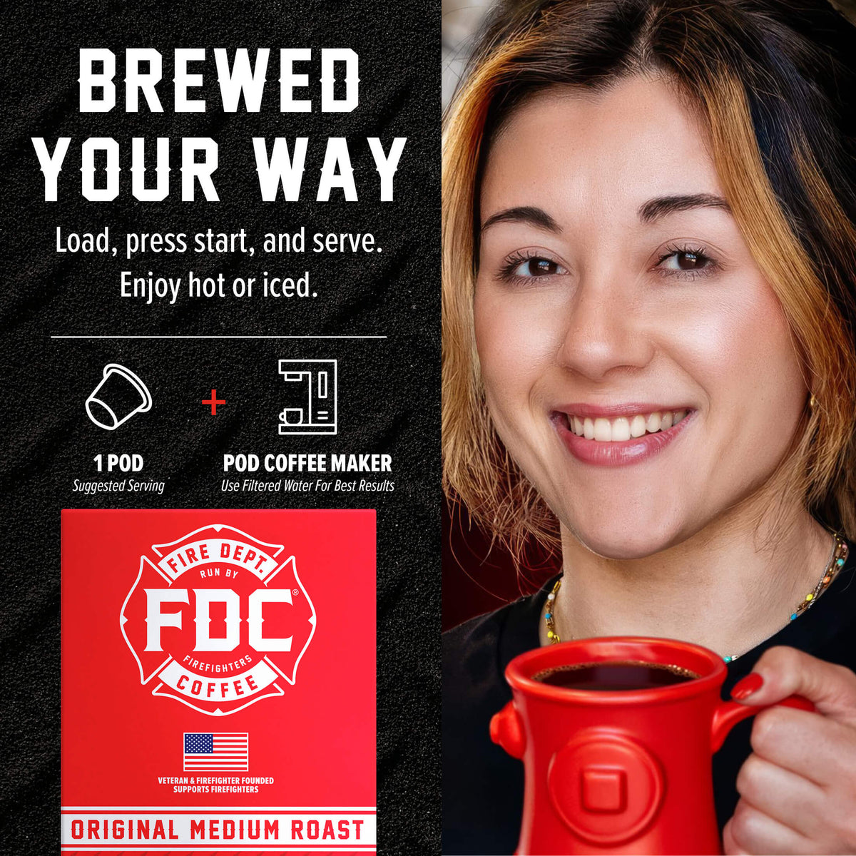 Original Medium Roast Coffee Pods single-serve brewing guide beside a woman holding a red mug
