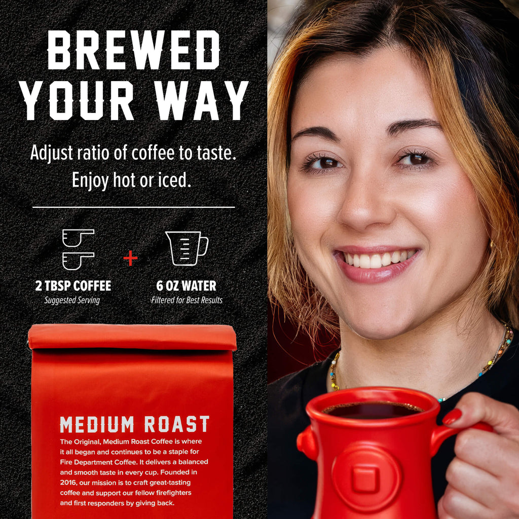 Original Medium Roast Coffee brewing ratio guide beside a woman holding a red mug