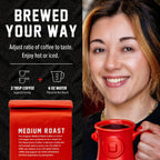 Original Medium Roast Coffee brewing ratio guide beside a woman holding a red mug