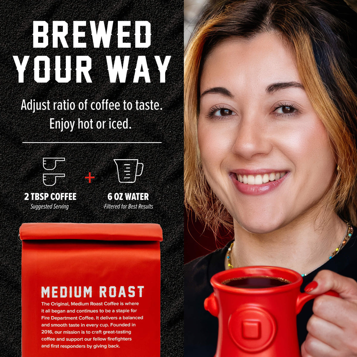 Original Medium Roast Coffee brewing ratio guide beside a woman holding a red mug