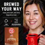 Salted Caramel Bourbon Infused Coffee Pods single-serve brewing guide beside a woman holding a red mug