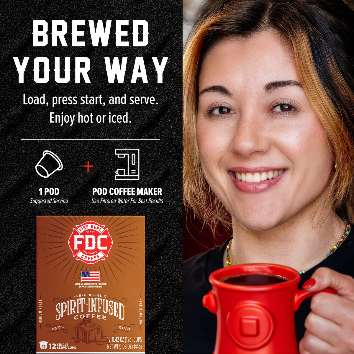 Salted Caramel Bourbon Infused Coffee Pods single-serve brewing guide beside a woman holding a red mug