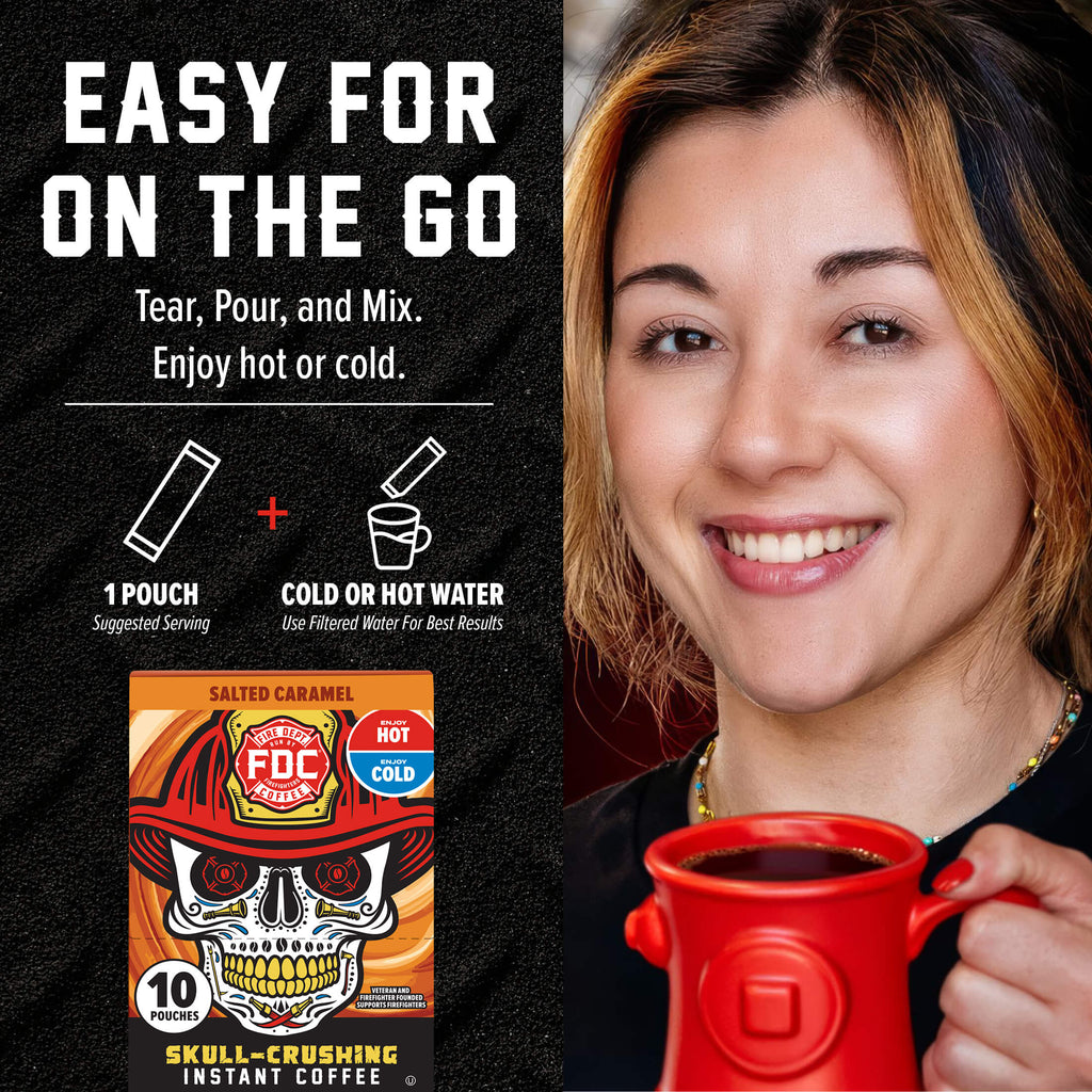 Salted Caramel Skull-Crushing Instant Coffee mixing instructions beside a woman holding a red mug