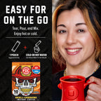 Salted Caramel Skull-Crushing Instant Coffee mixing instructions beside a woman holding a red mug