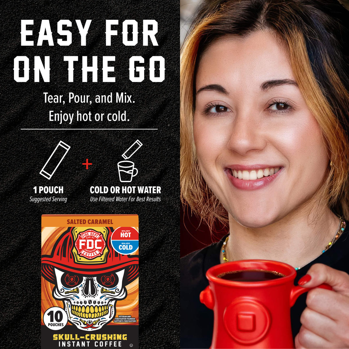 Salted Caramel Skull-Crushing Instant Coffee mixing instructions beside a woman holding a red mug