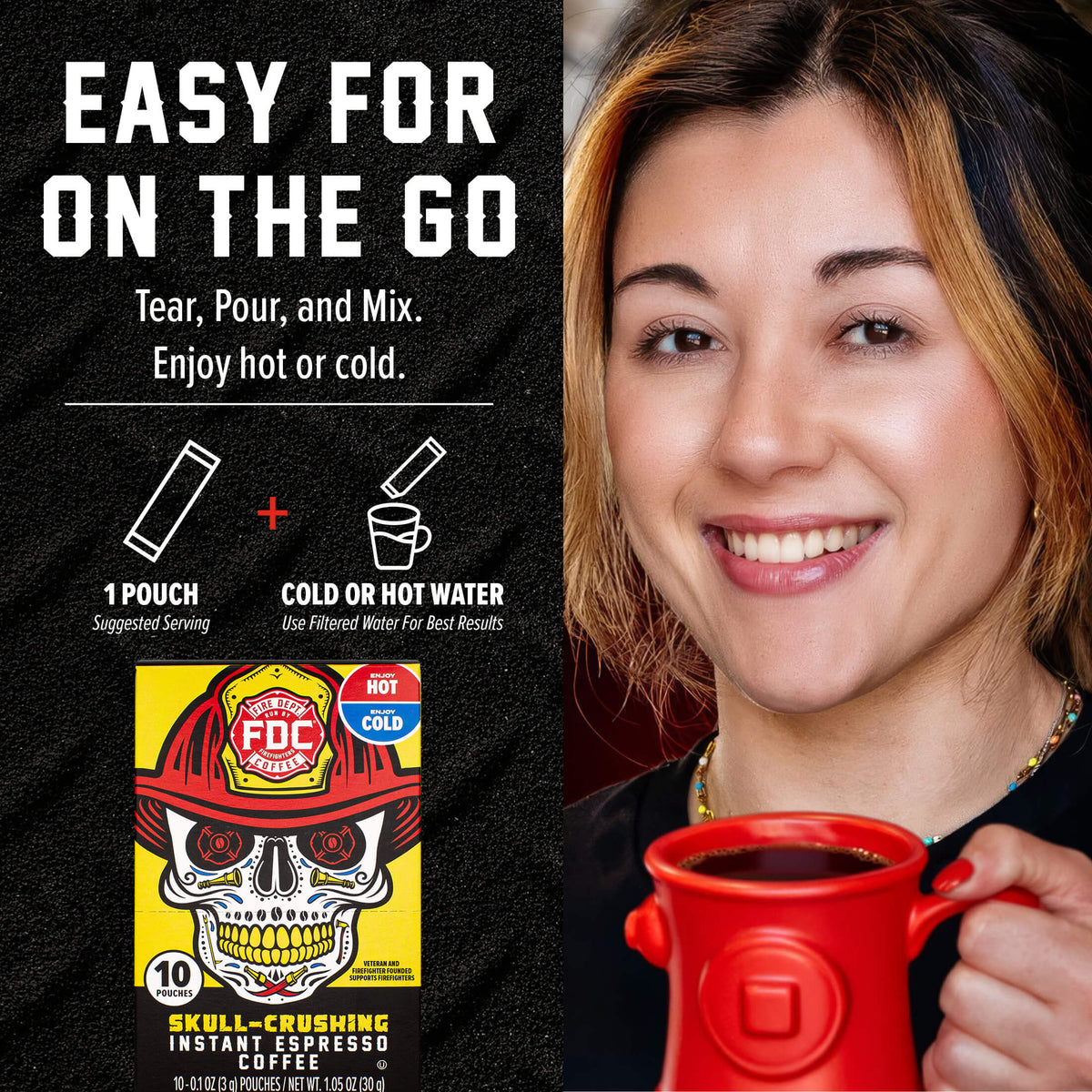 Skull-Crushing Instant Espresso Coffee mixing instructions beside a woman holding a red mug