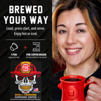 Skull-Crushing Espresso Pods single-serve brewing guide beside a woman holding a red mug