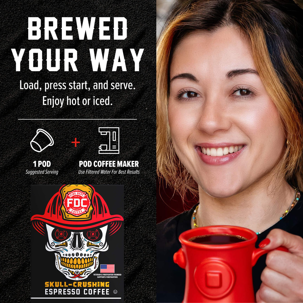 Skull-Crushing Espresso Pods single-serve brewing guide beside a woman holding a red mug