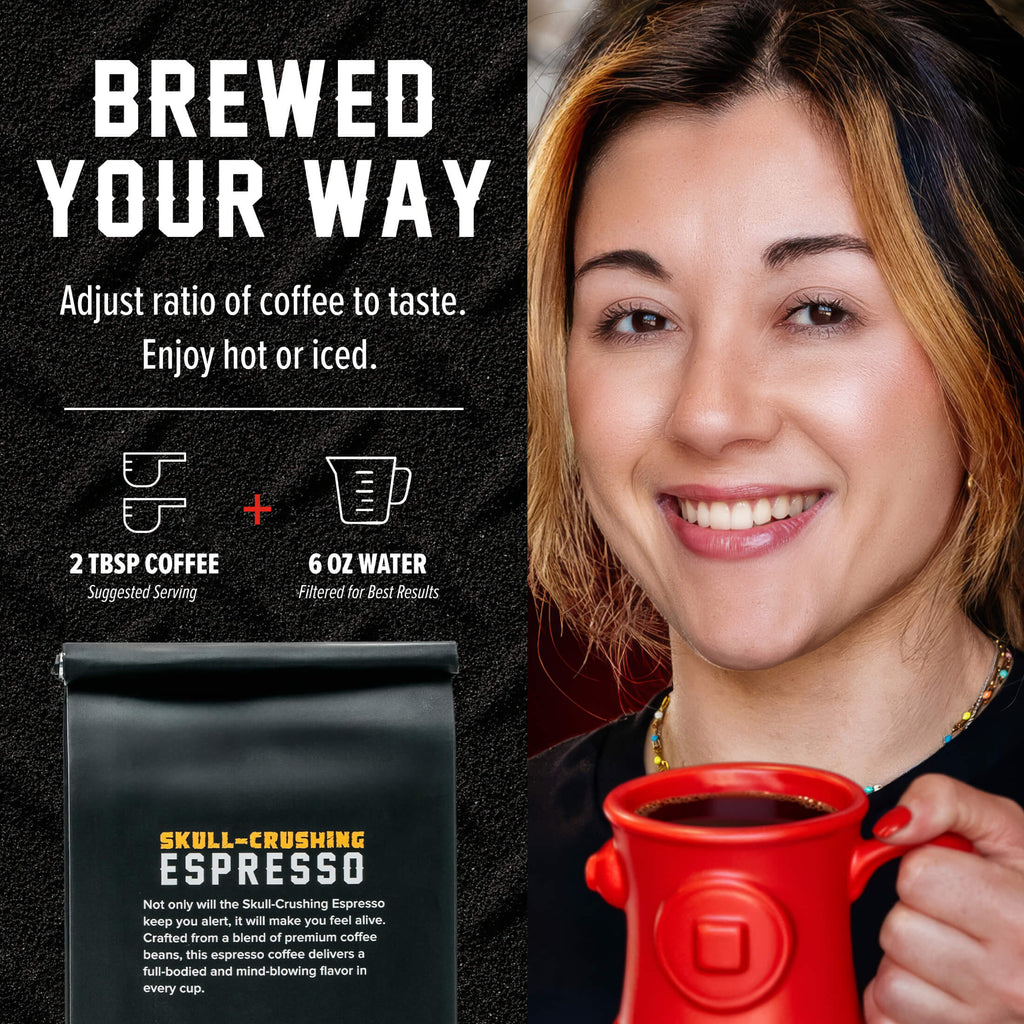 Skull-Crushing Espresso brewing ratio guide beside a woman holding a red mug