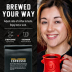 Skull-Crushing Espresso brewing ratio guide beside a woman holding a red mug