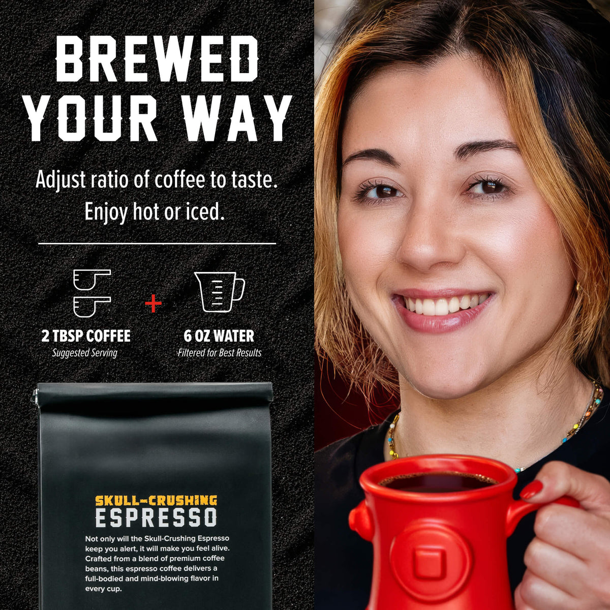 Skull-Crushing Espresso brewing ratio guide beside a woman holding a red mug