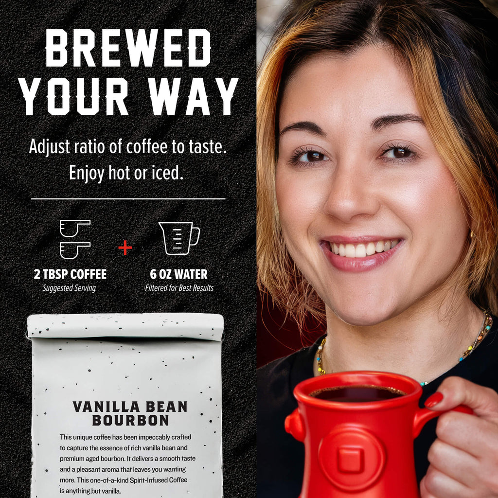 Vanilla Bean Bourbon Infused Coffee brewing ratio guide beside a woman holding a red mug