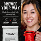 Vanilla Bean Bourbon Infused Coffee brewing ratio guide beside a woman holding a red mug