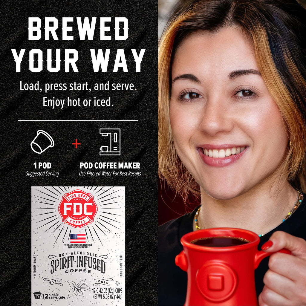 Vanilla Bean Bourbon Infused Coffee Pods single-serve brewing guide beside a woman holding a red mug