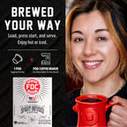Vanilla Bean Bourbon Infused Coffee Pods single-serve brewing guide beside a woman holding a red mug