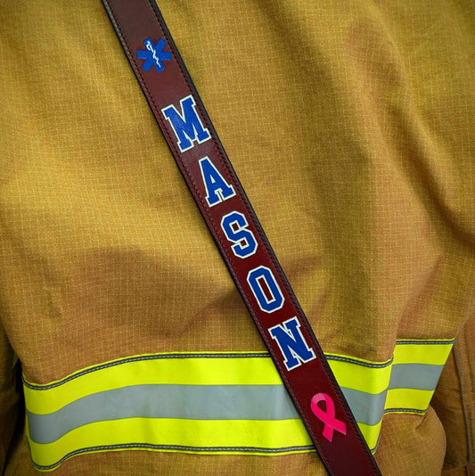 Custom leather firefighter radio strap. With hand painted custom text.