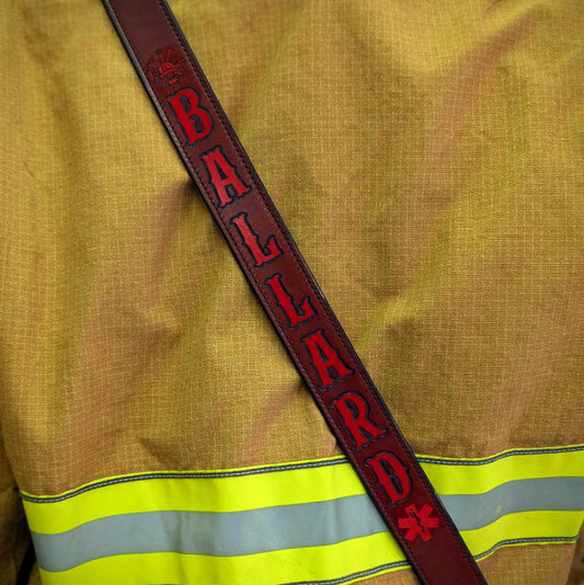 Personalized leather firefighter radio strap with adjustable fit and rugged construction