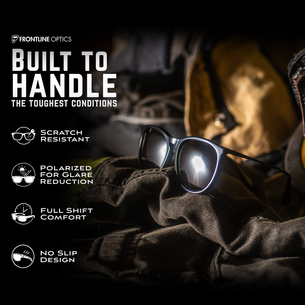 Glorietta feature graphic showing lens protection, polarization, comfort and nonslip frames