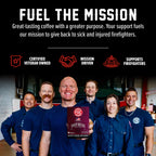Fire Department Coffee team holding a Black Cherry Bourbon Infused Coffee Pods box in a mission graphic