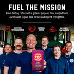 Fire Department Coffee team holding Black Cherry Bourbon Infused Coffee in a mission graphic