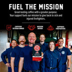 Fire Department Coffee team holding Dark Roast Coffee in a mission graphic