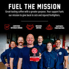 Fire Department Coffee team holding a Dark Roast Coffee Pods box in a mission graphic