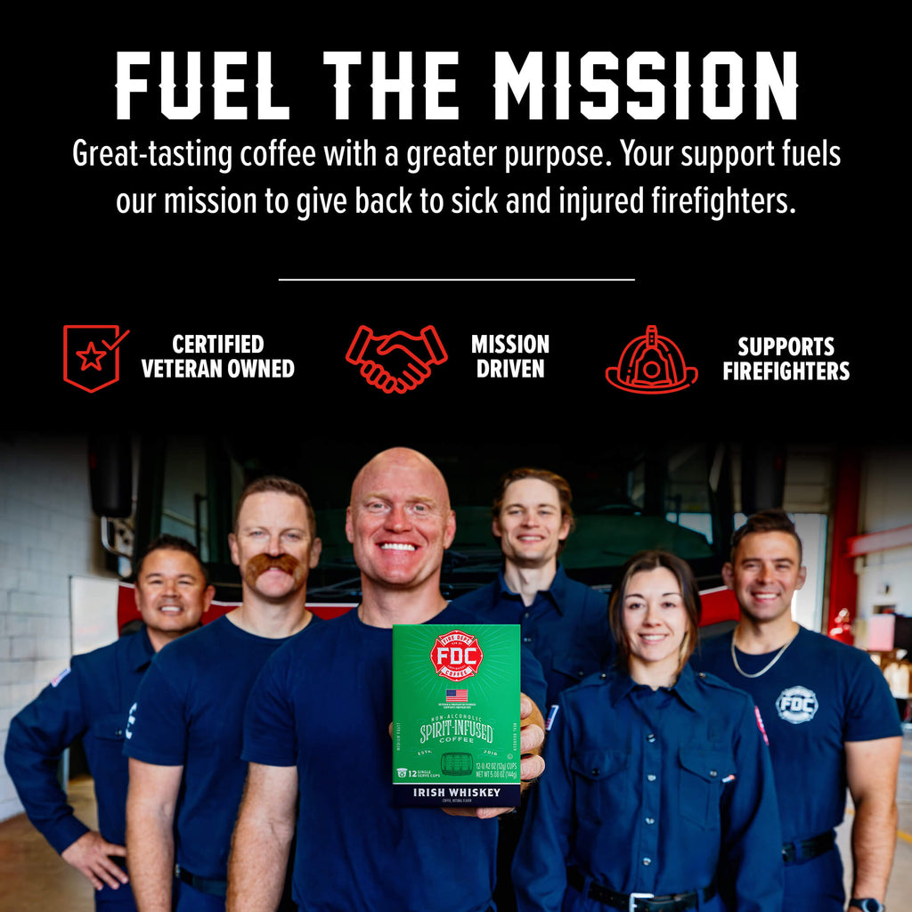 Fire Department Coffee team holding a Irish Whiskey Infused Coffee Pods box in a mission graphic