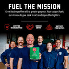 Fire Department Coffee team holding a Irish Whiskey Infused Coffee Pods box in a mission graphic