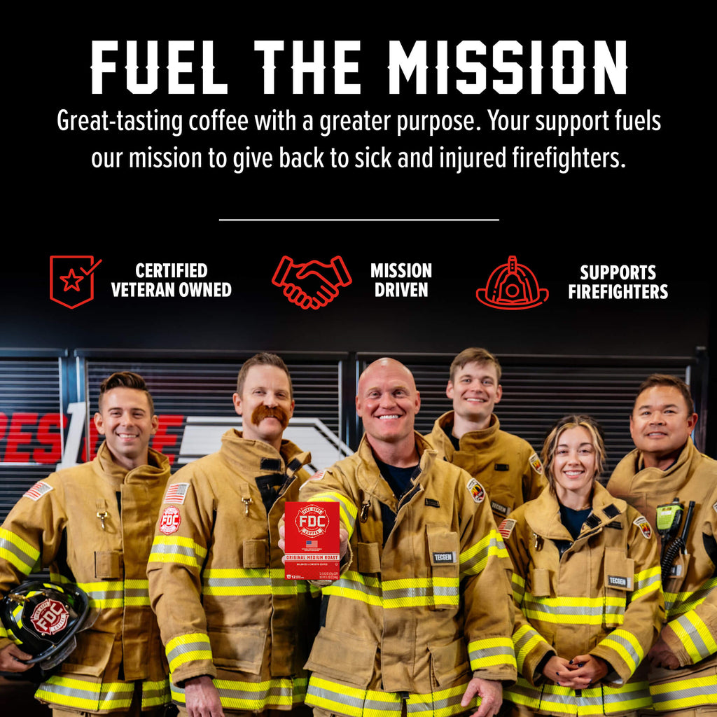 Fire Department Coffee team holding a Original Medium Roast Coffee Pods box in a mission graphic