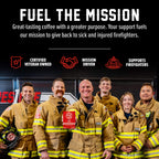 Fire Department Coffee team holding a Original Medium Roast Coffee Pods box in a mission graphic