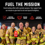 Fire Department Coffee team holding Original Medium Roast Coffee in a mission graphic