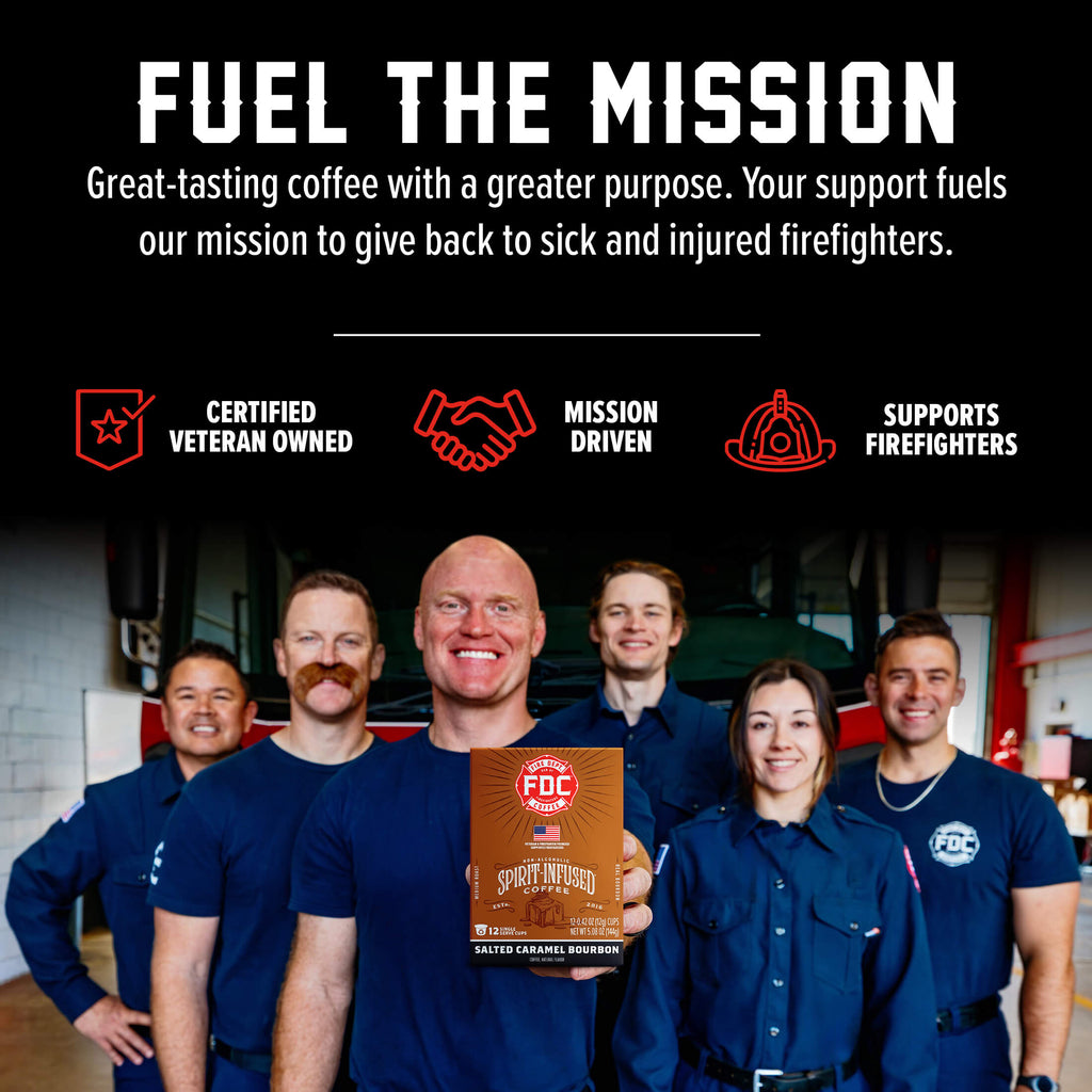 Fire Department Coffee team holding a Salted Caramel Bourbon Infused Coffee Pods box in a mission graphic