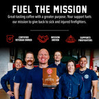 Fire Department Coffee team holding a Salted Caramel Bourbon Infused Coffee Pods box in a mission graphic