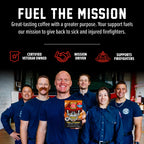 Fire Department Coffee team holding Salted Caramel Skull-Crushing Instant Coffee in a mission graphic