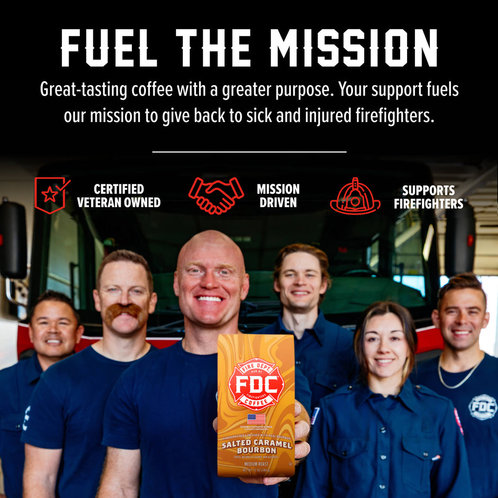 Fire Department Coffee team holding Salted Caramel Bourbon Infused Coffee in a mission graphic