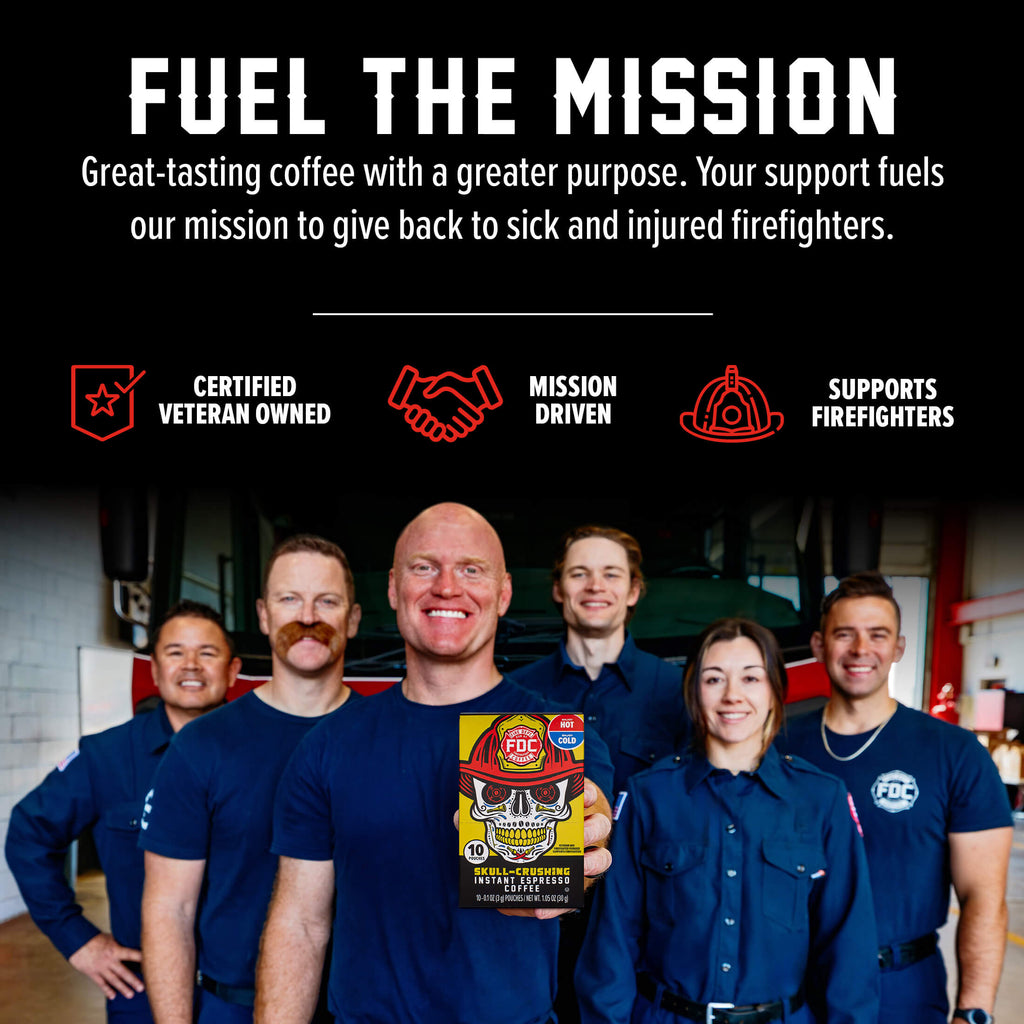 Fire Department Coffee team holding Skull-Crushing Instant Espresso Coffee in a mission graphic