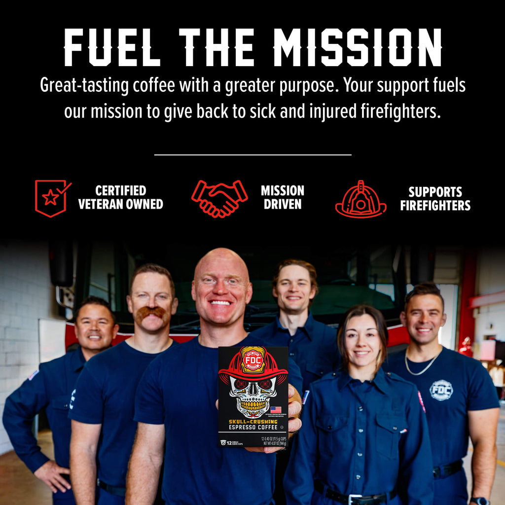 Fire Department Coffee team holding a Skull-Crushing Espresso Pods box in a mission graphic