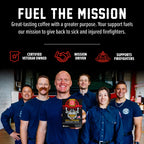 Fire Department Coffee team holding a Skull-Crushing Espresso Pods box in a mission graphic