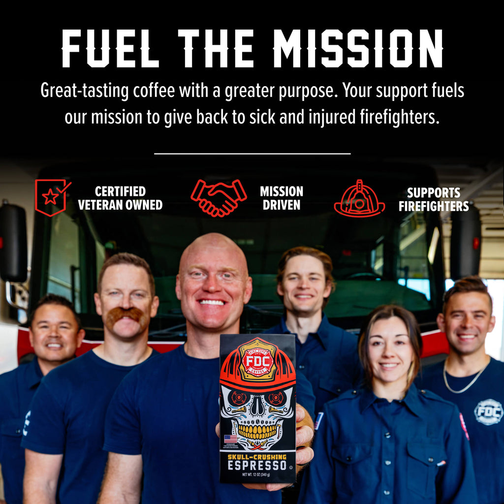 Fire Department Coffee team holding Skull-Crushing Espresso in a mission graphic