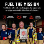 Fire Department Coffee team holding Vanilla Bean Bourbon Infused Coffee in a mission graphic