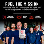 Fire Department Coffee team holding a Vanilla Bean Bourbon Infused Coffee Pods box in a mission graphic