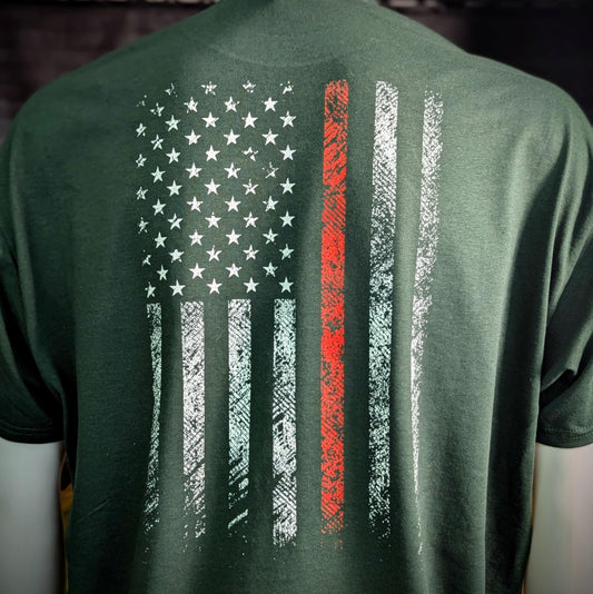 Back of firefighter shirt – distressed American flag design with thin red line honoring fire service and first responders