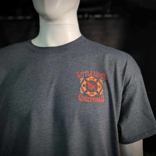 Little River Customs firefighter shirt – front chest print with custom Maltese cross logo for fire and EMS apparel