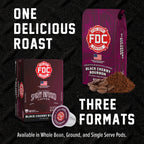 Black Cherry Bourbon Infused Coffee Pods box and pod beside a matching coffee bag in a format comparison