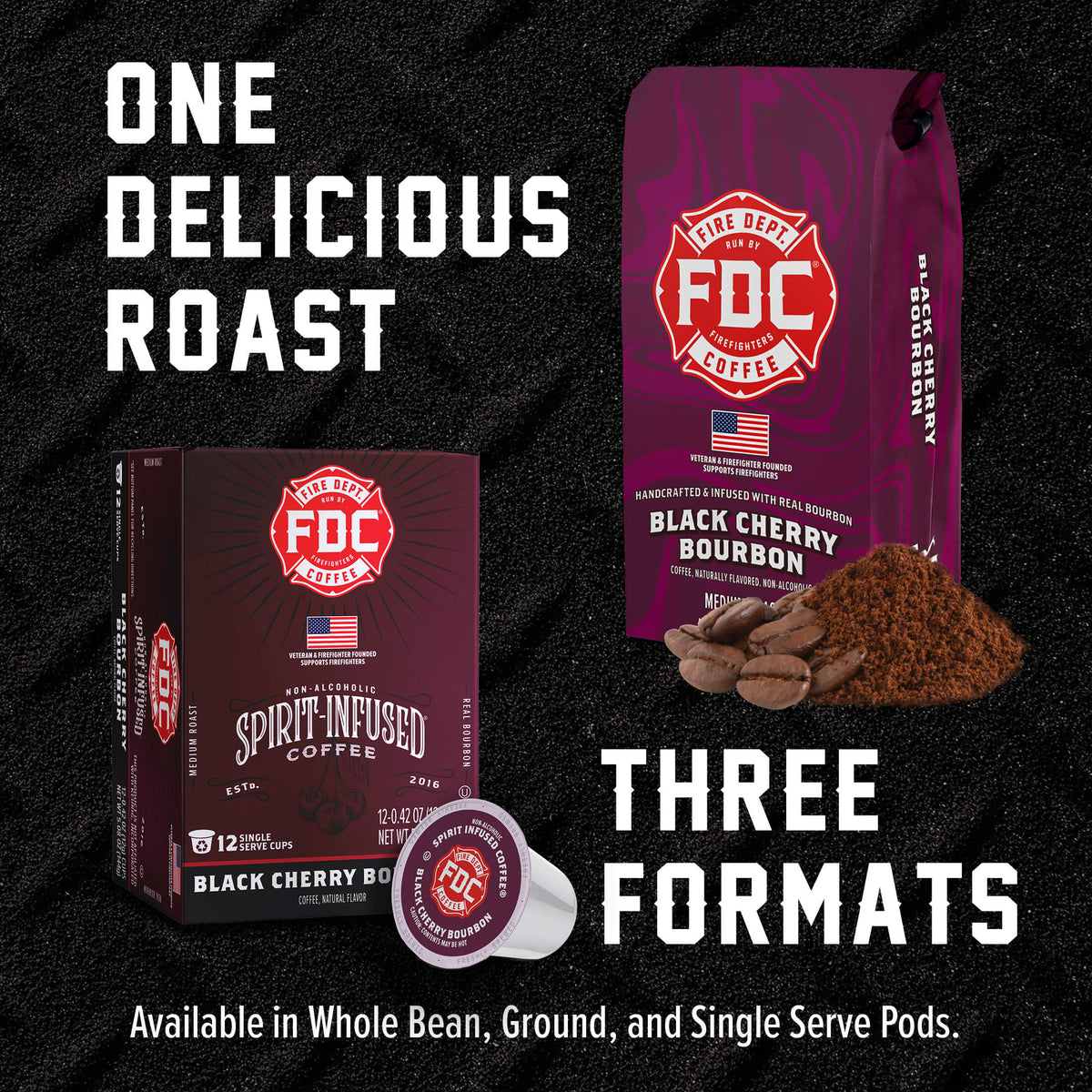 Black Cherry Bourbon Infused Coffee Pods box and pod beside a matching coffee bag in a format comparison