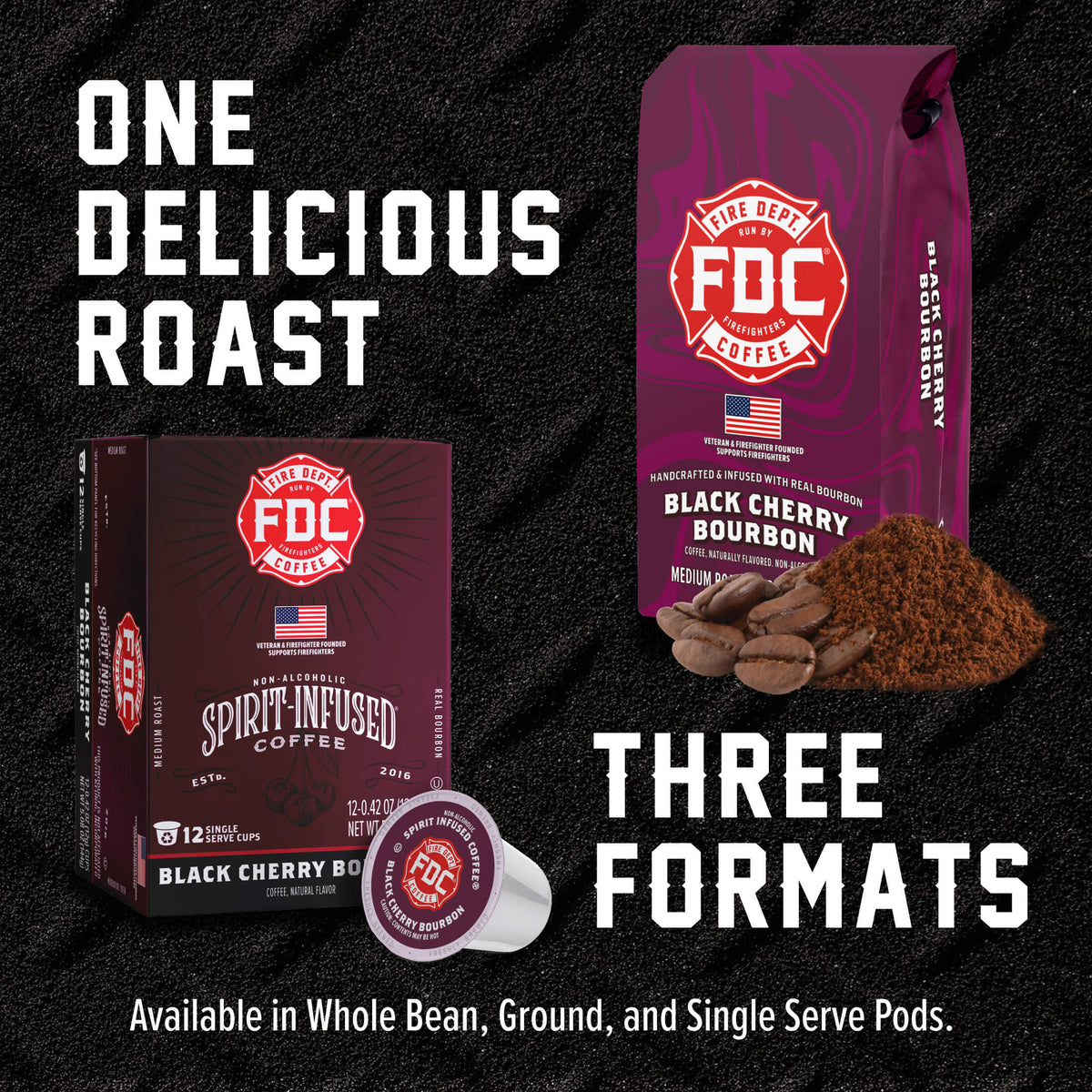 Black Cherry Bourbon Infused Coffee bag, pod box and single pod showing the available coffee formats