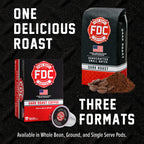 Dark Roast Coffee bag, pod box and single pod showing the available coffee formats