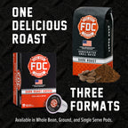 Dark Roast Coffee Pods box and pod beside a matching coffee bag in a format comparison